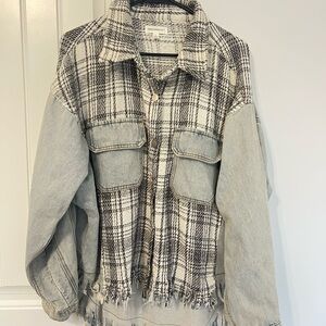 NEW Dance & Marvel Plaid Tweed Contrast Jean Denim Distressed Frayed Jacket